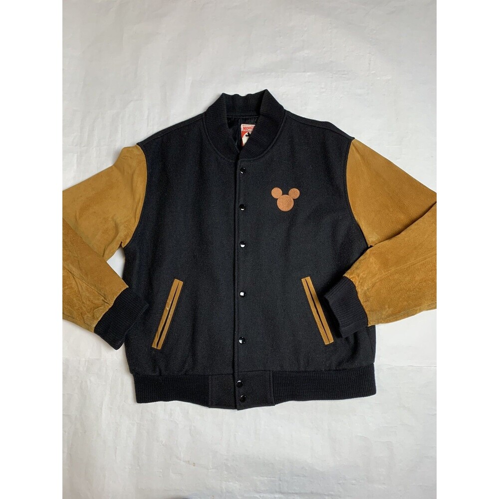 Vintage Walt Disney Studios Leather Wool Bomber Jacket Mickey Mouse M - HTF - Picture 1 of 15